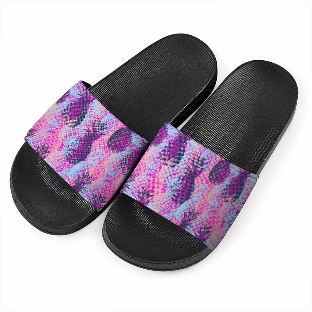 Neon Trippy Pineapple Pattern Print Black Slide Sandals