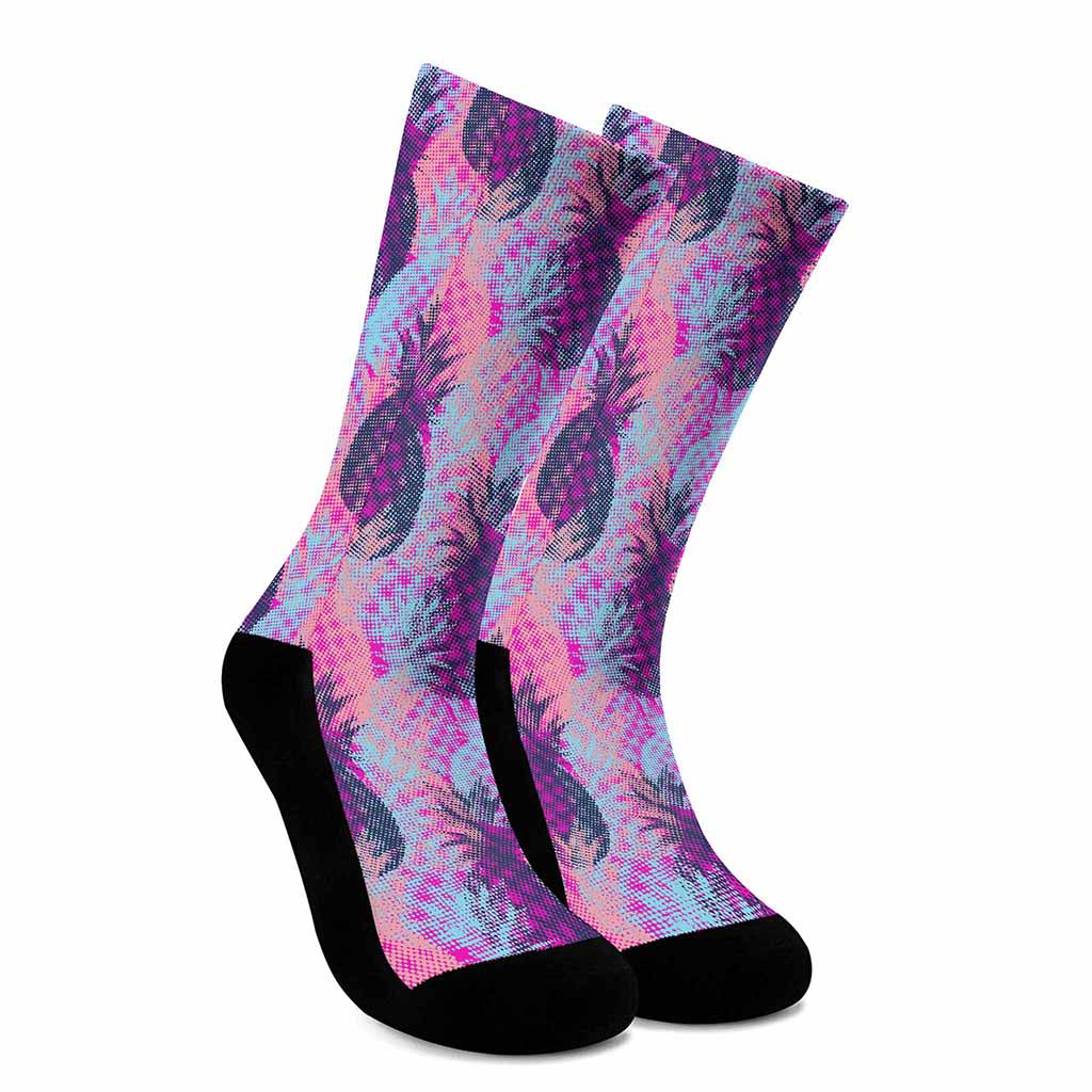 Neon Trippy Pineapple Pattern Print Crew Socks