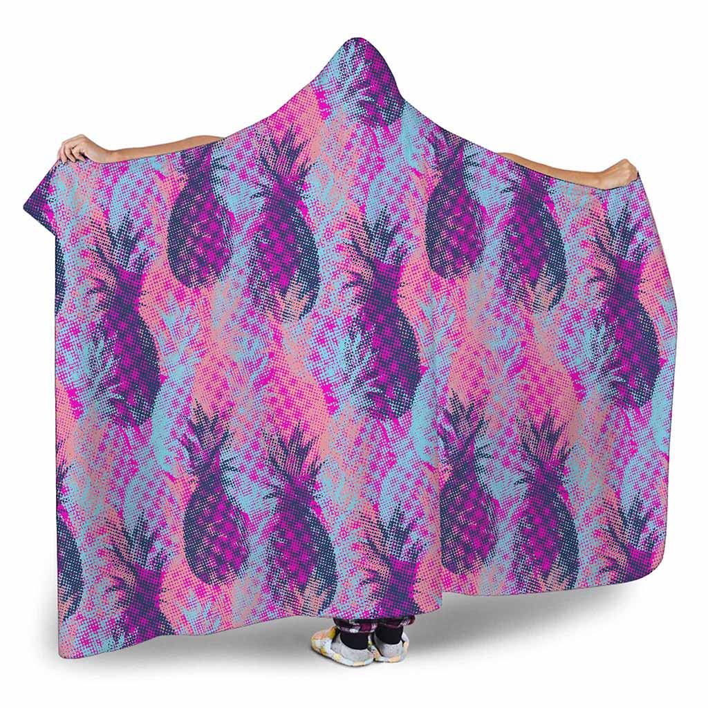 Neon Trippy Pineapple Pattern Print Hooded Blanket