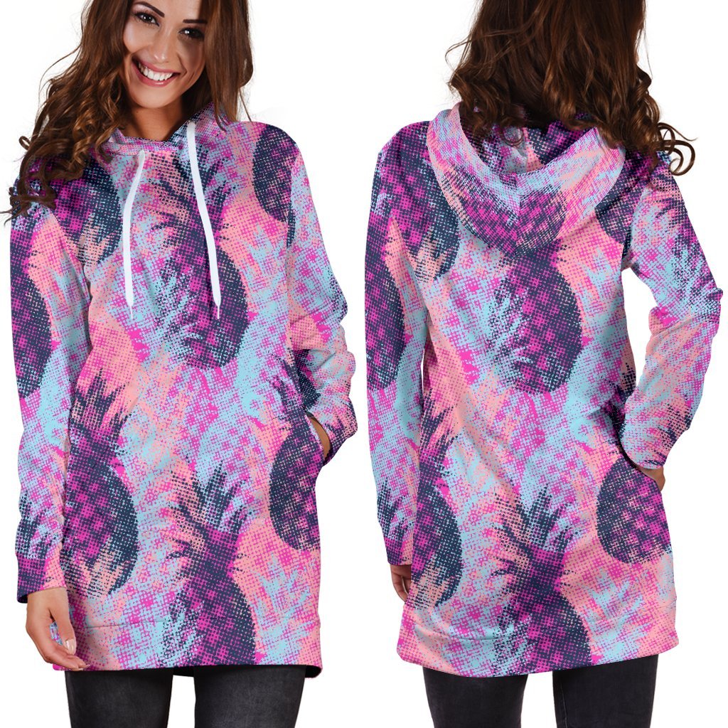 Neon Trippy Pineapple Pattern Print Hoodie Dress GearFrost