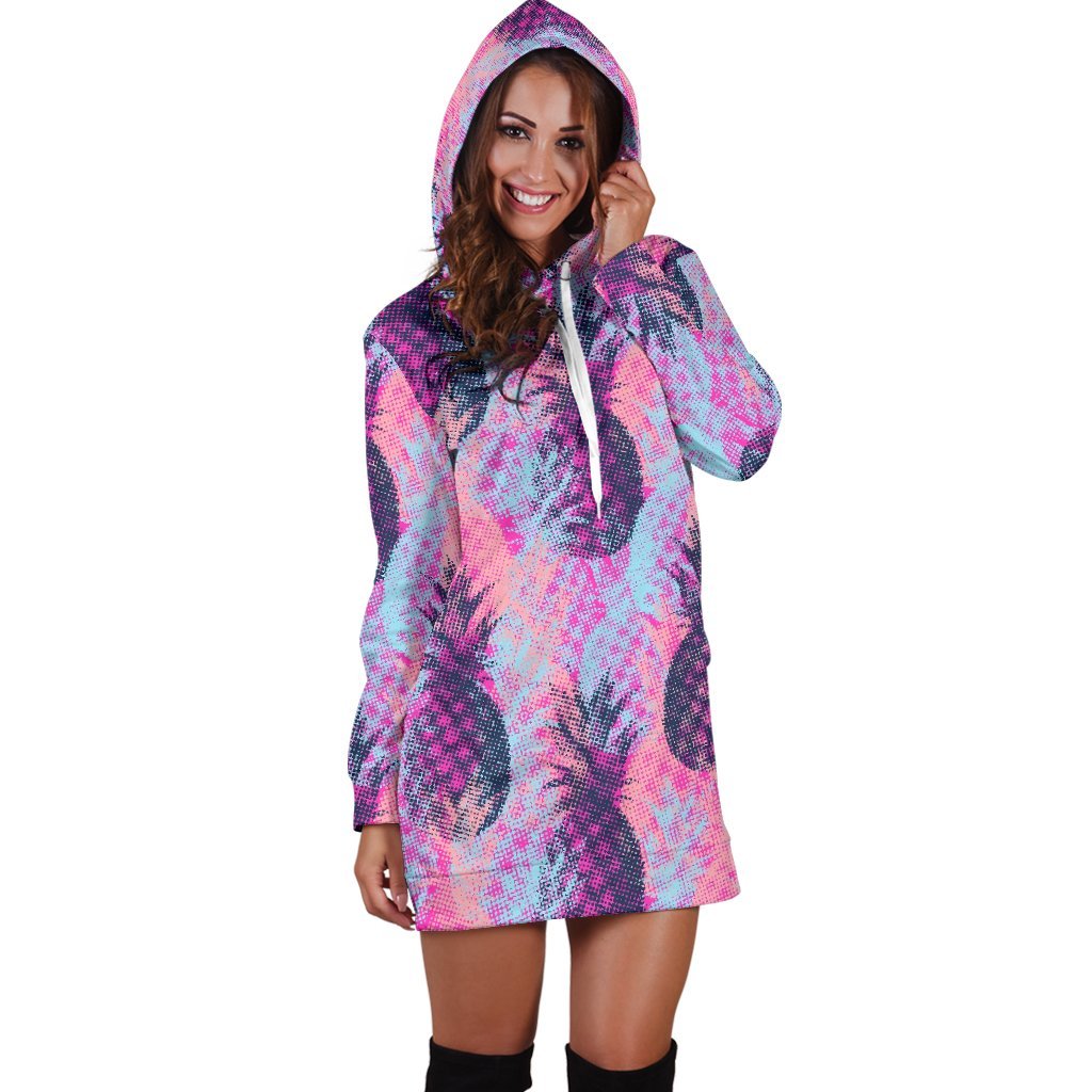 Neon Trippy Pineapple Pattern Print Hoodie Dress GearFrost