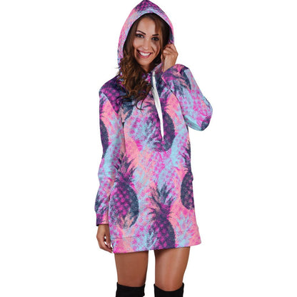 Neon Trippy Pineapple Pattern Print Hoodie Dress GearFrost