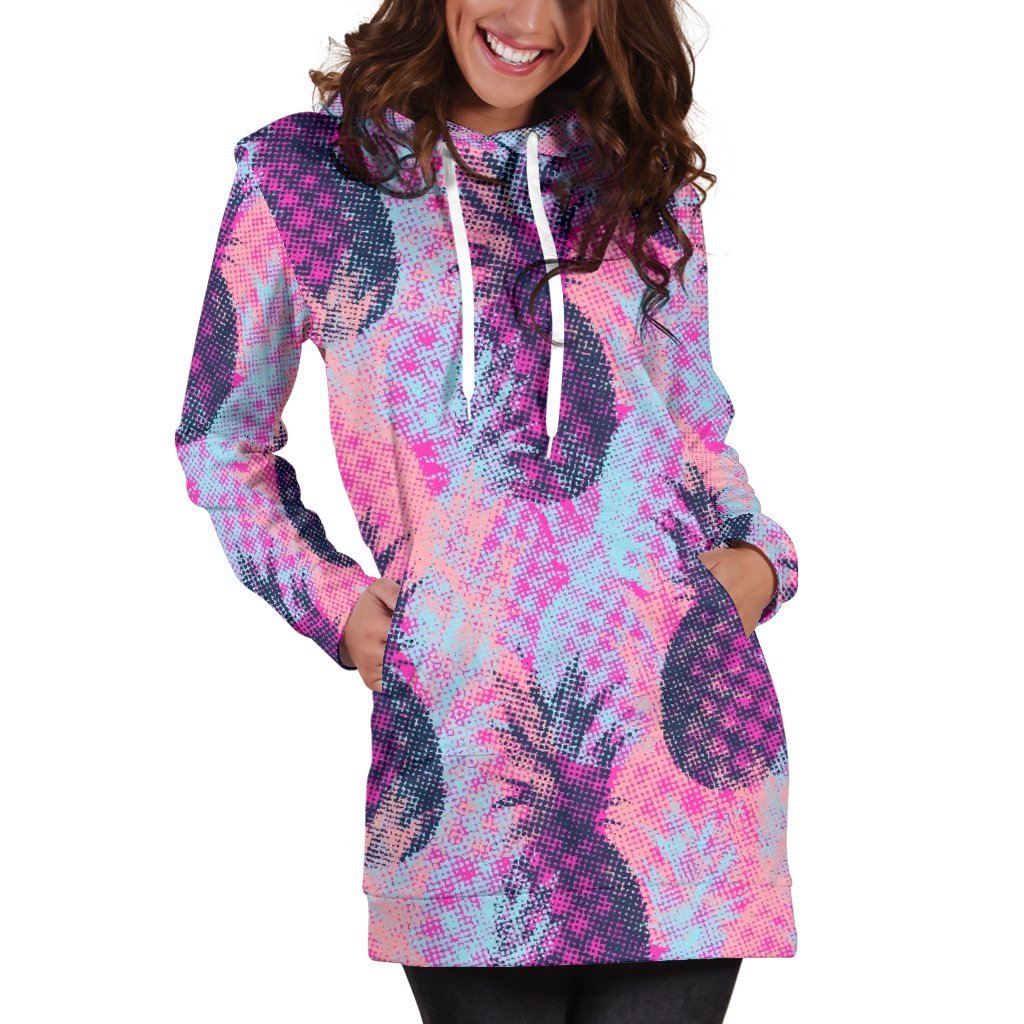 Neon Trippy Pineapple Pattern Print Hoodie Dress GearFrost
