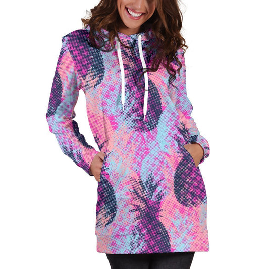 Neon Trippy Pineapple Pattern Print Hoodie Dress GearFrost