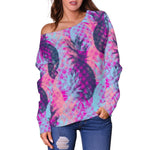 Neon Trippy Pineapple Pattern Print Off Shoulder Sweatshirt GearFrost