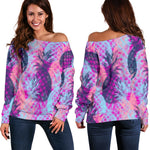 Neon Trippy Pineapple Pattern Print Off Shoulder Sweatshirt GearFrost