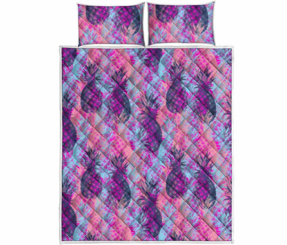 Neon Trippy Pineapple Pattern Print Quilt Bed Set