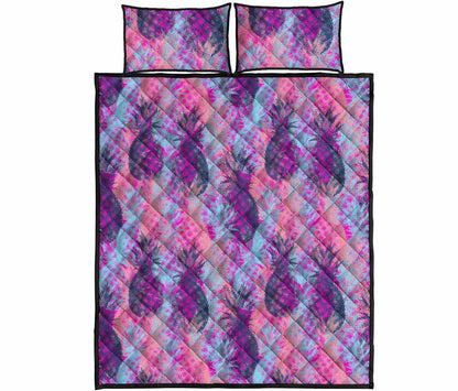 Neon Trippy Pineapple Pattern Print Quilt Bed Set