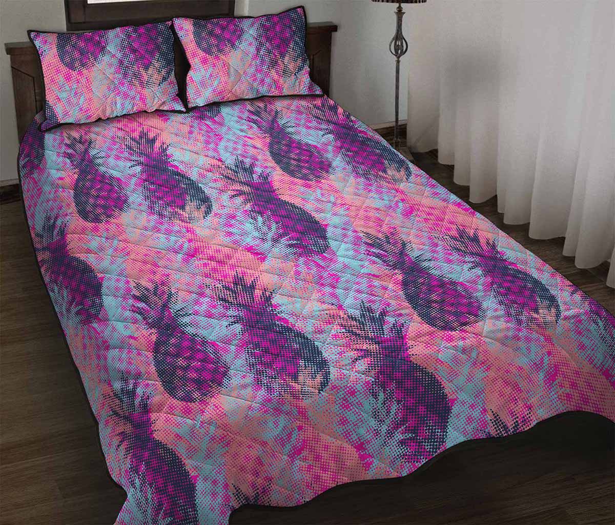Neon Trippy Pineapple Pattern Print Quilt Bed Set