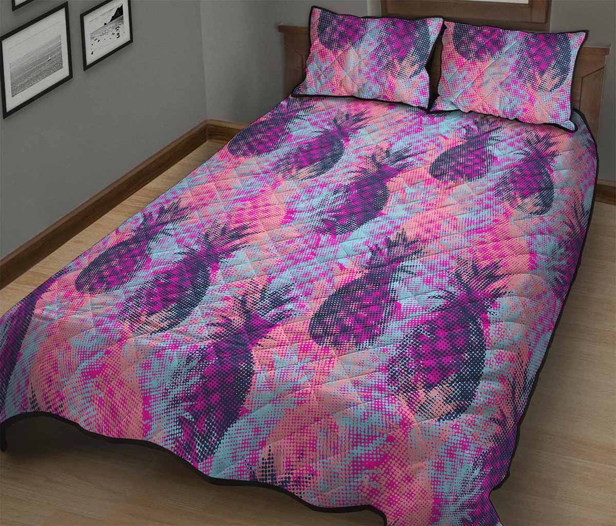 Neon Trippy Pineapple Pattern Print Quilt Bed Set