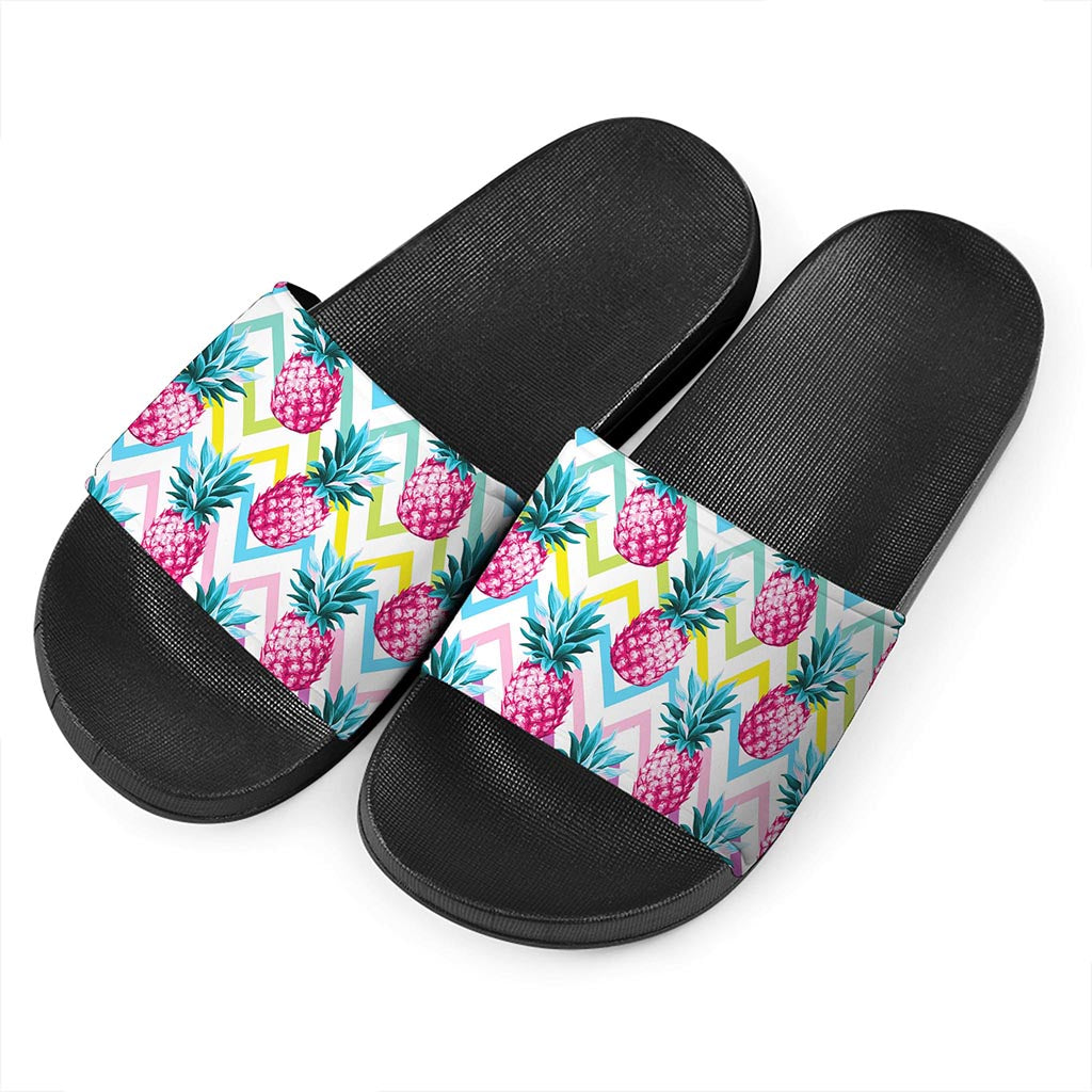 Neon Zig Zag Pineapple Pattern Print Black Slide Sandals