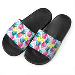 Neon Zig Zag Pineapple Pattern Print Black Slide Sandals
