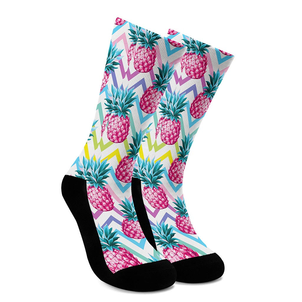 Neon Zig Zag Pineapple Pattern Print Crew Socks