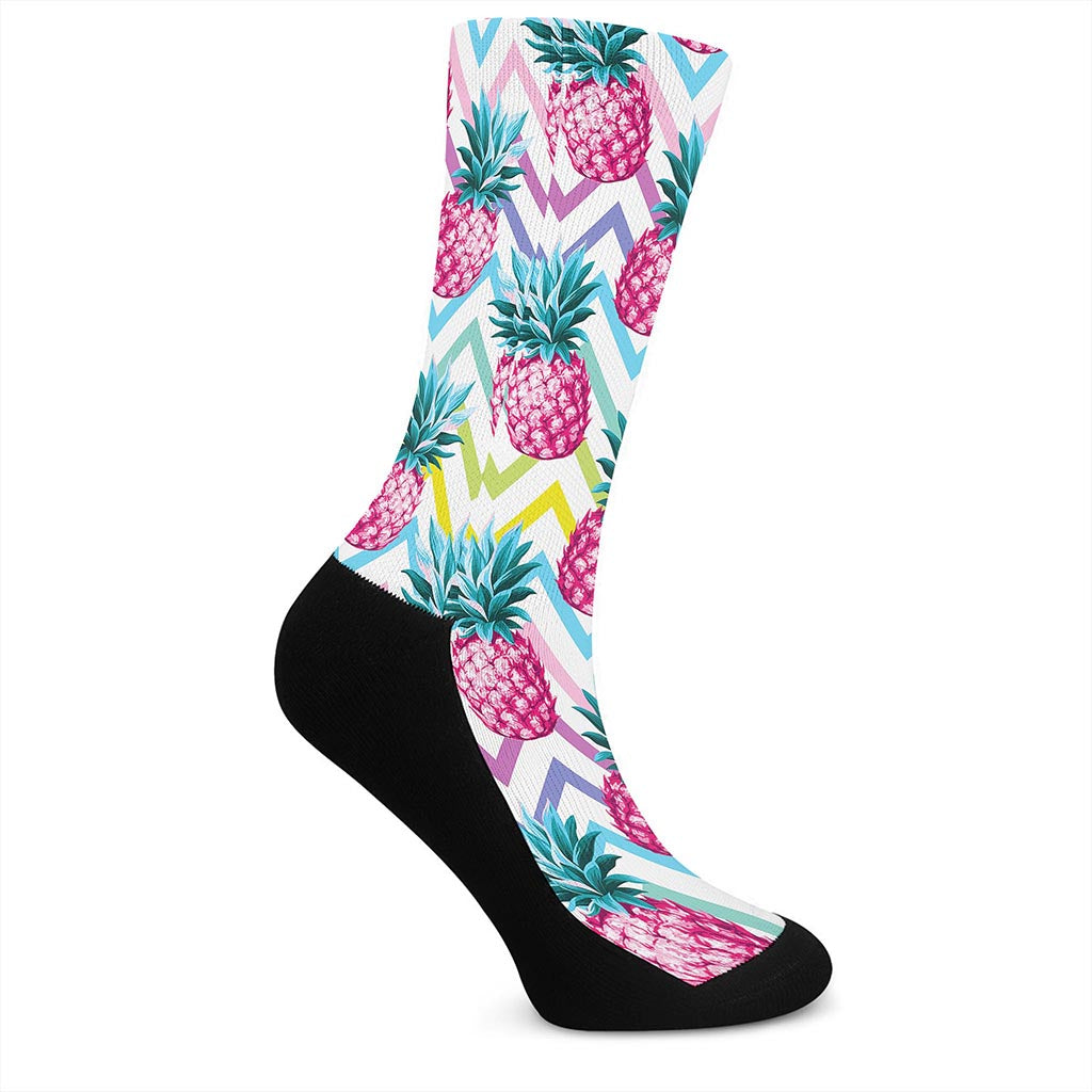 Neon Zig Zag Pineapple Pattern Print Crew Socks