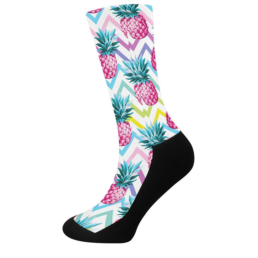 Neon Zig Zag Pineapple Pattern Print Crew Socks