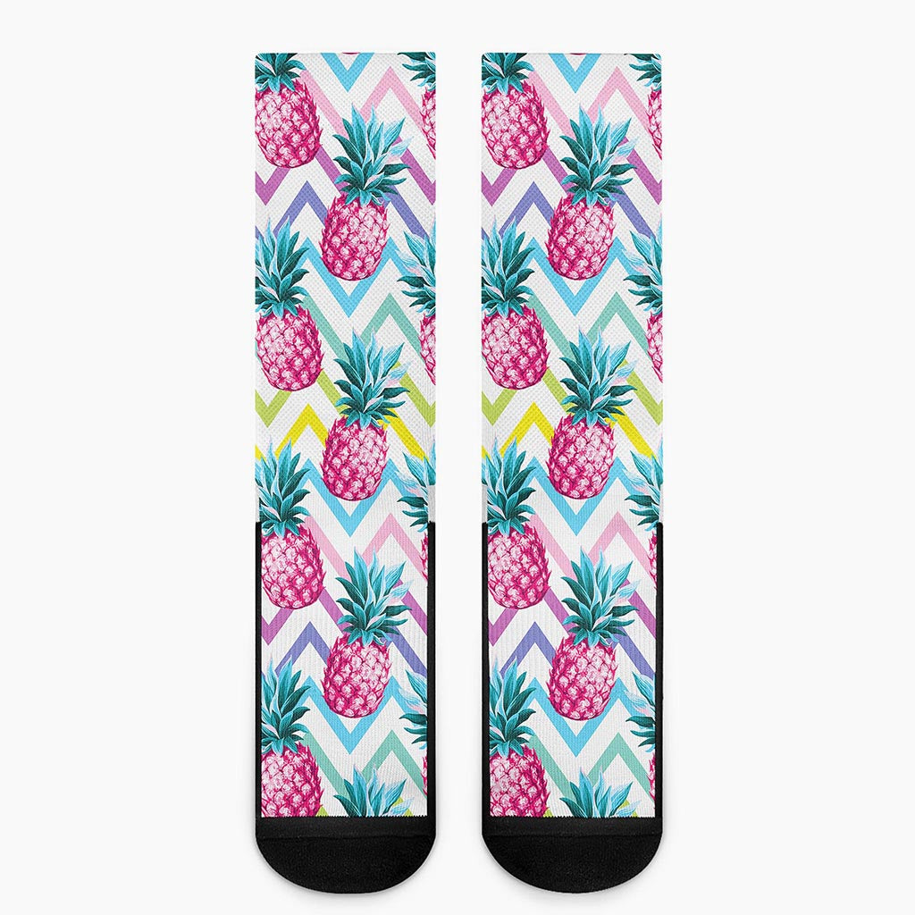 Neon Zig Zag Pineapple Pattern Print Crew Socks