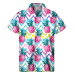 Neon Zig Zag Pineapple Pattern Print Men's Short Sleeve Shirt