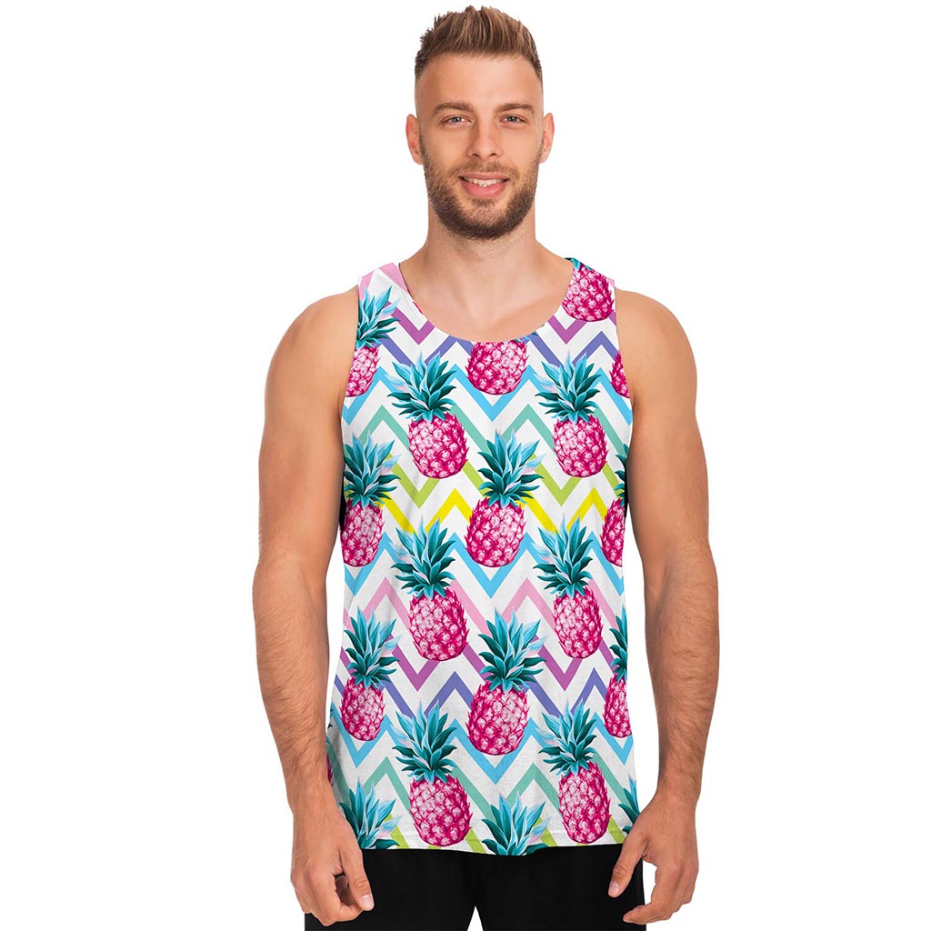 Neon Zig Zag Pineapple Pattern Print Men's Tank Top