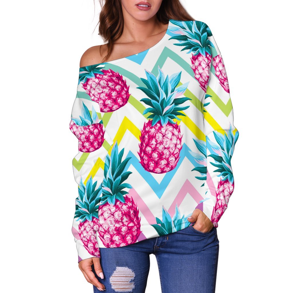 Neon Zig Zag Pineapple Pattern Print Off Shoulder Sweatshirt GearFrost