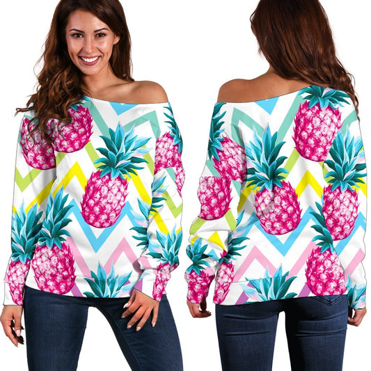 Neon Zig Zag Pineapple Pattern Print Off Shoulder Sweatshirt GearFrost