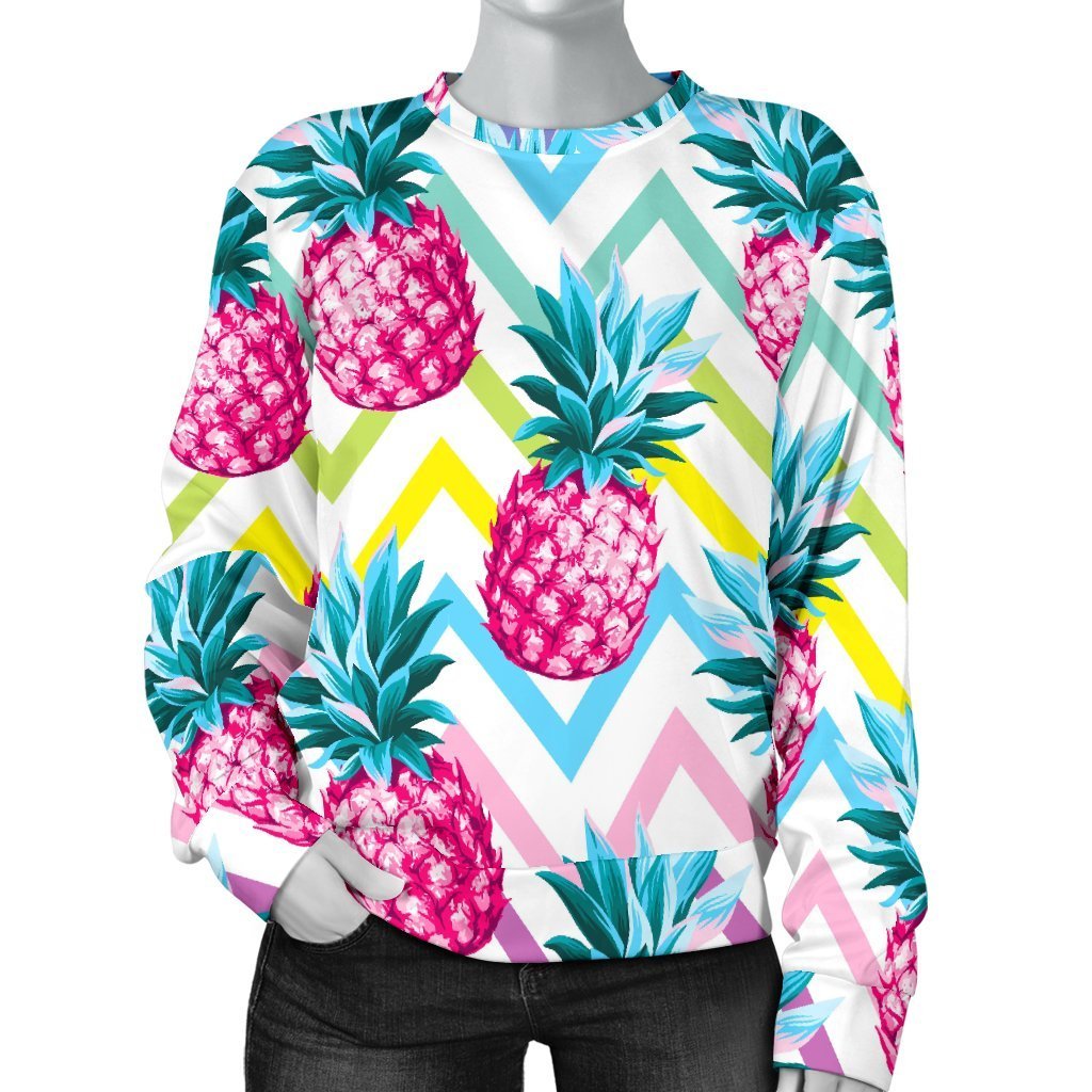Neon Zig Zag Pineapple Pattern Print Women's Crewneck Sweatshirt GearFrost