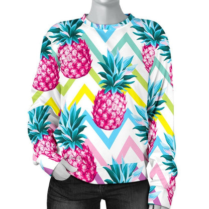 Neon Zig Zag Pineapple Pattern Print Women's Crewneck Sweatshirt GearFrost