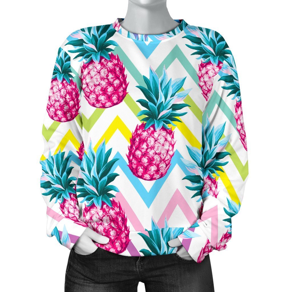 Neon Zig Zag Pineapple Pattern Print Women's Crewneck Sweatshirt GearFrost