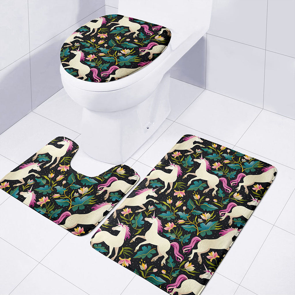 Night Floral Unicorn Pattern Print 3 Piece Bath Mat Set