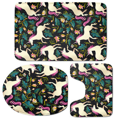 Night Floral Unicorn Pattern Print 3 Piece Bath Mat Set