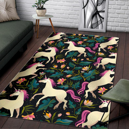 Night Floral Unicorn Pattern Print Area Rug GearFrost