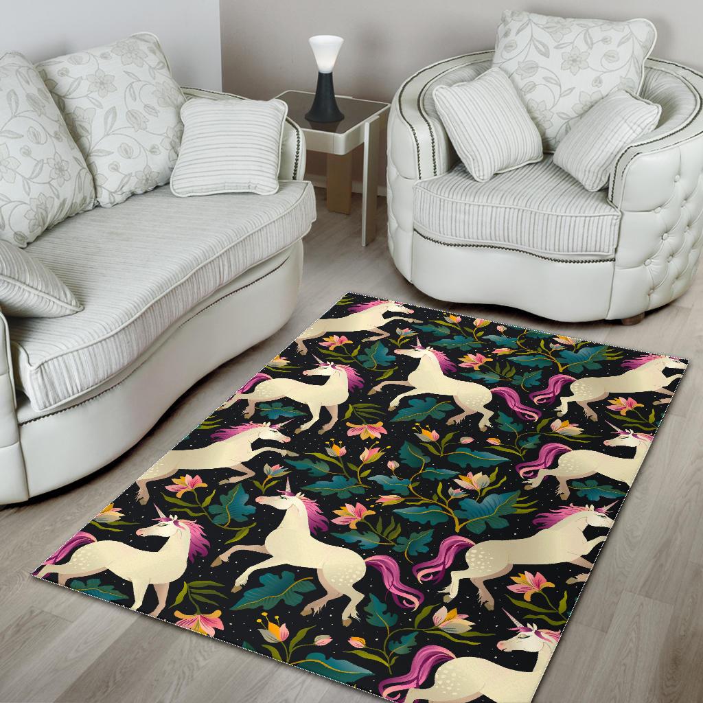 Night Floral Unicorn Pattern Print Area Rug GearFrost