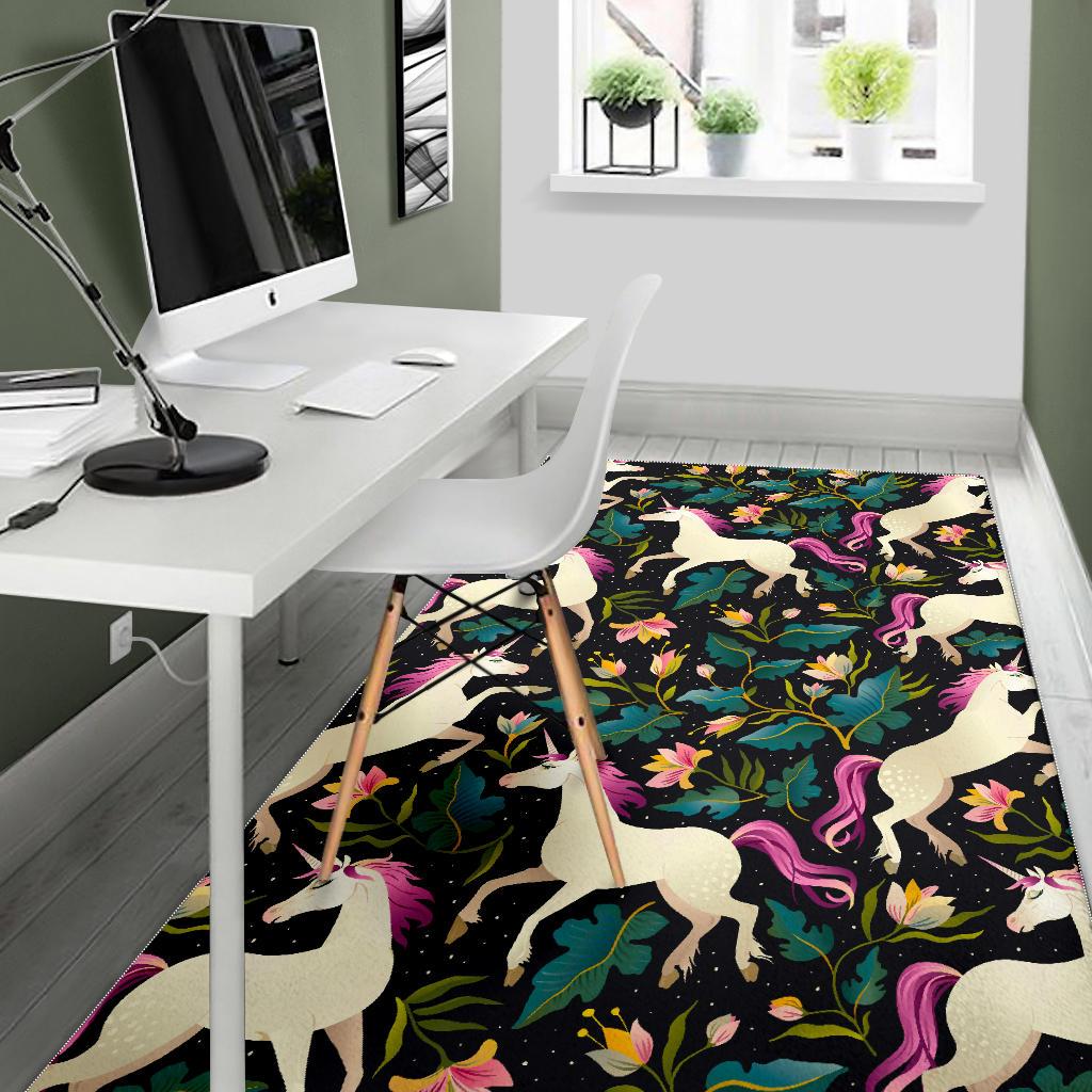 Night Floral Unicorn Pattern Print Area Rug GearFrost