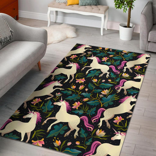 Night Floral Unicorn Pattern Print Area Rug GearFrost