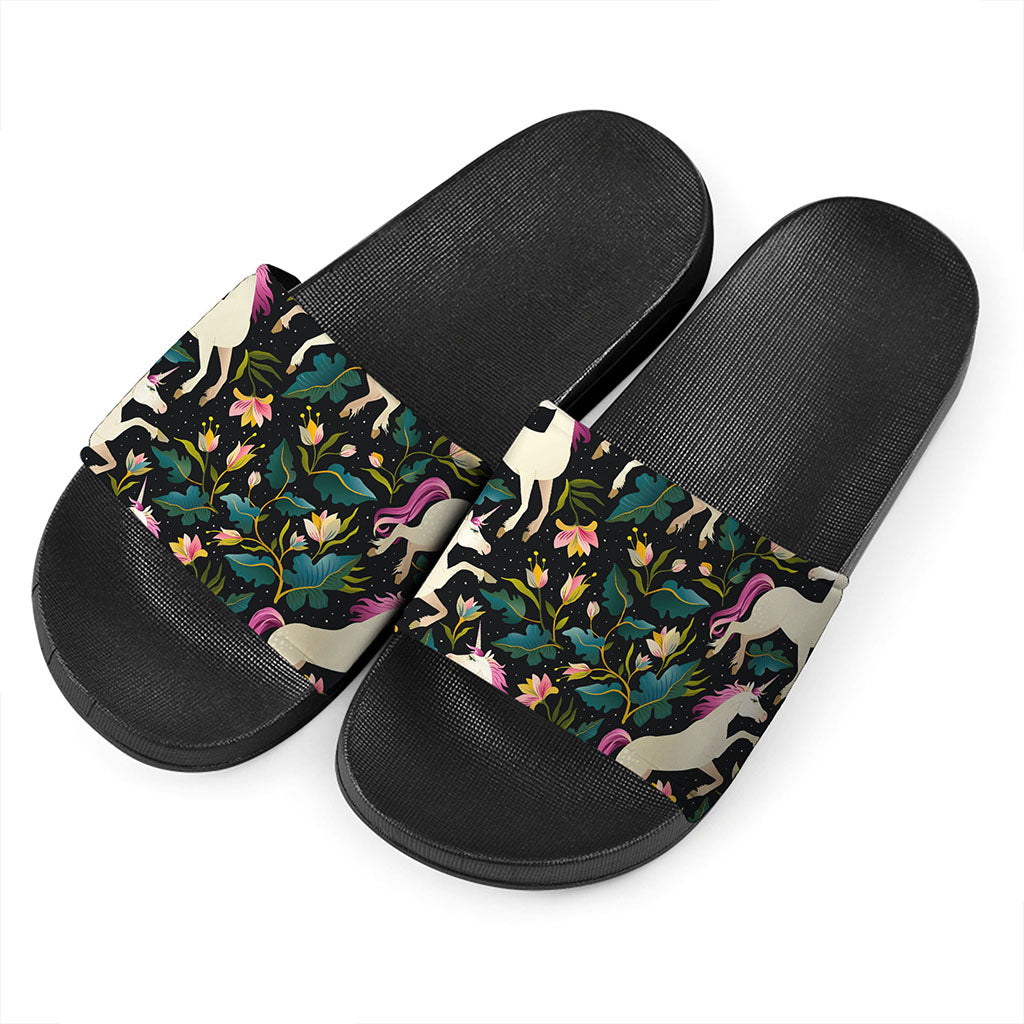 Night Floral Unicorn Pattern Print Black Slide Sandals