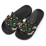Night Floral Unicorn Pattern Print Black Slide Sandals