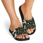 Night Floral Unicorn Pattern Print Black Slide Sandals