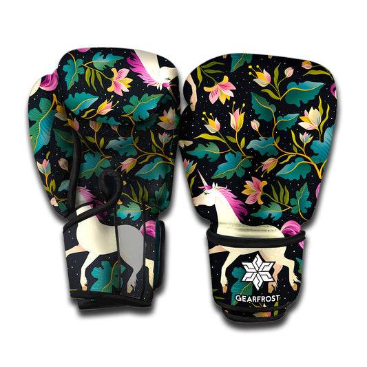 Night Floral Unicorn Pattern Print Boxing Gloves