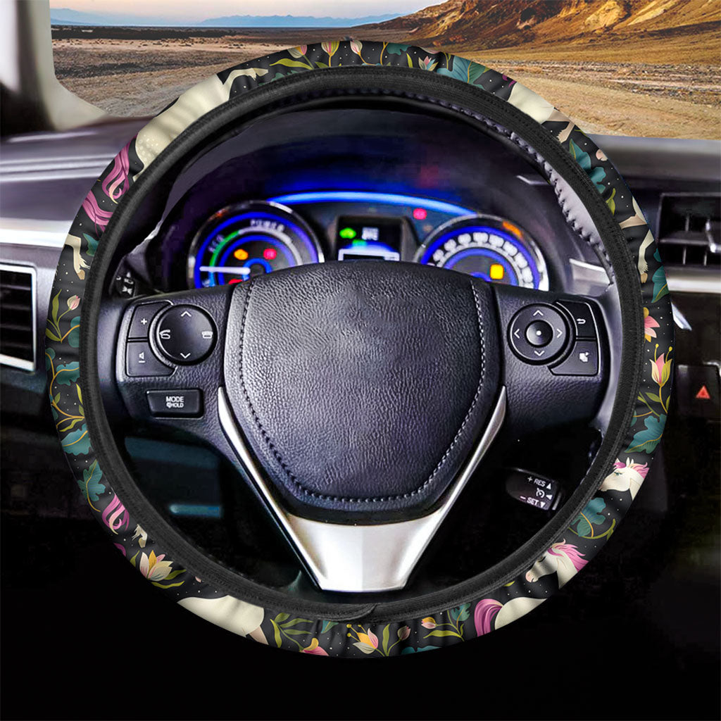 Night Floral Unicorn Pattern Print Car Steering Wheel Cover