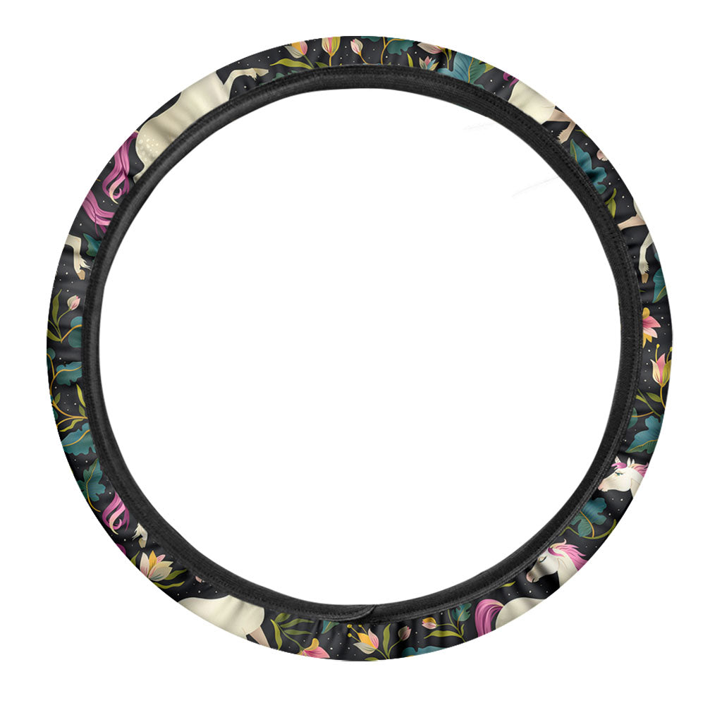 Night Floral Unicorn Pattern Print Car Steering Wheel Cover