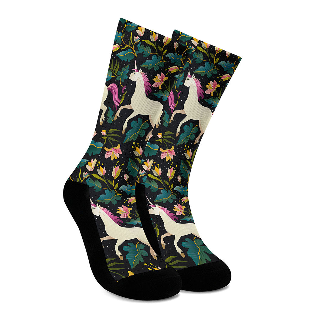 Night Floral Unicorn Pattern Print Crew Socks