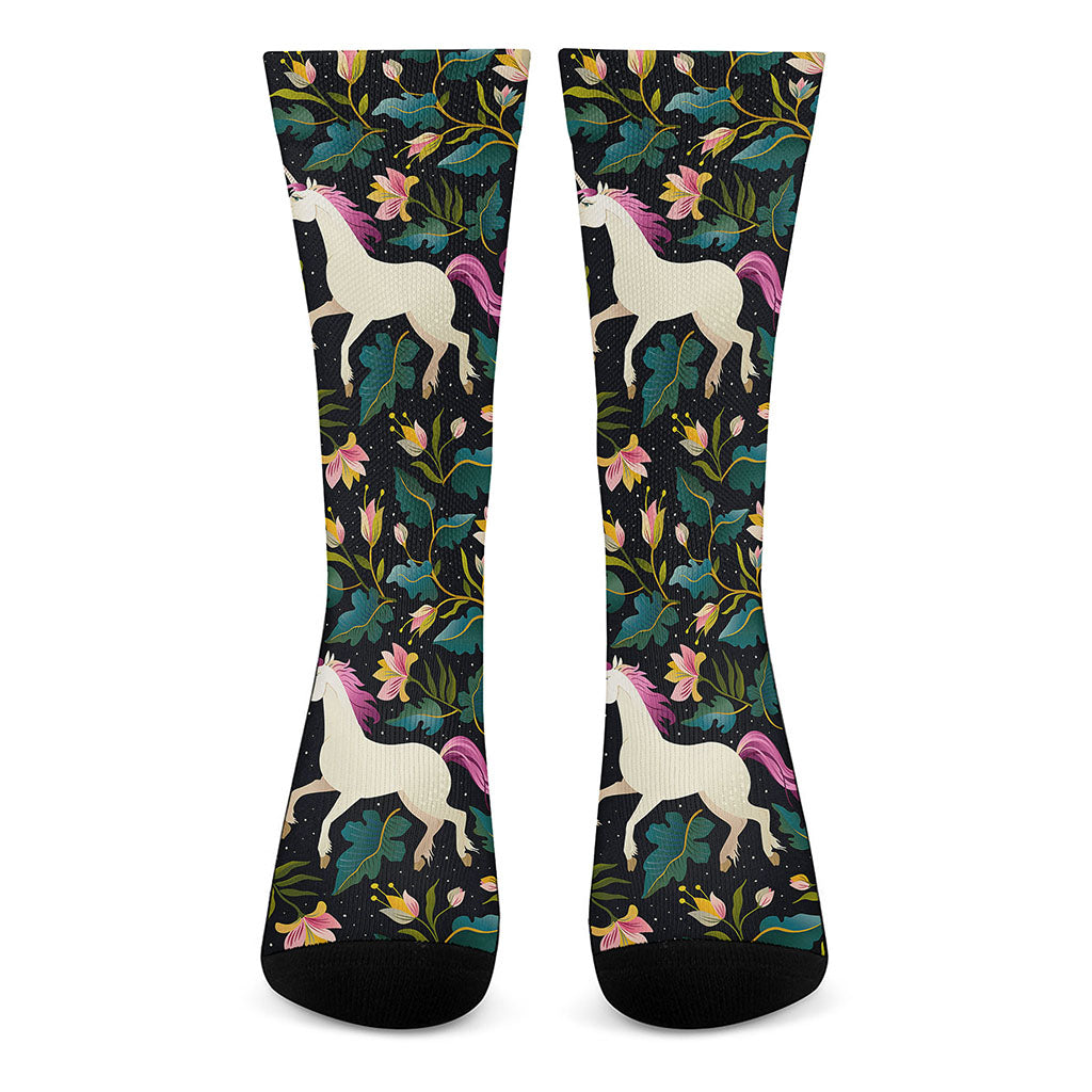 Night Floral Unicorn Pattern Print Crew Socks