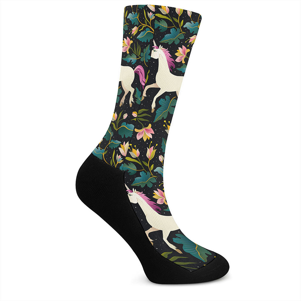 Night Floral Unicorn Pattern Print Crew Socks