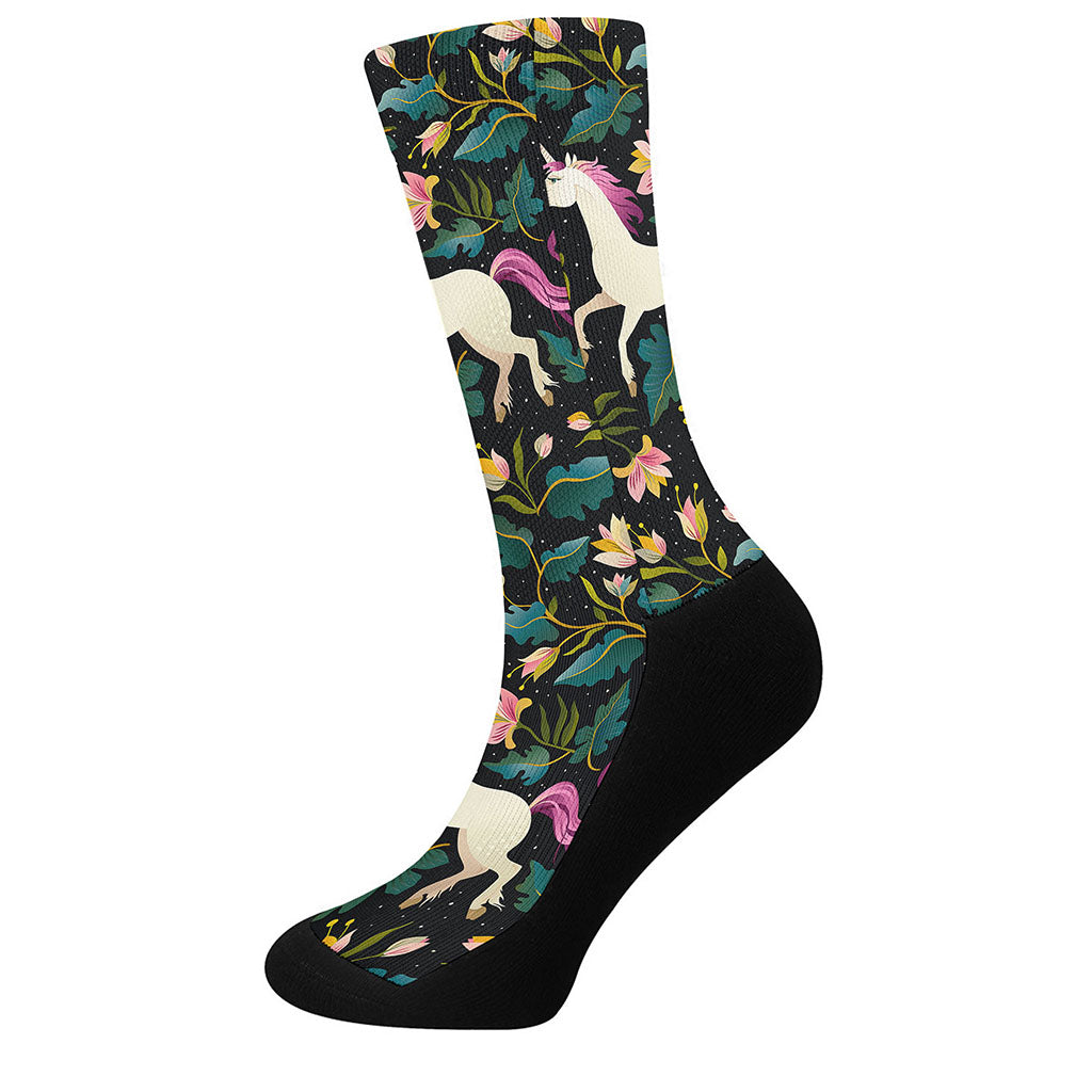 Night Floral Unicorn Pattern Print Crew Socks