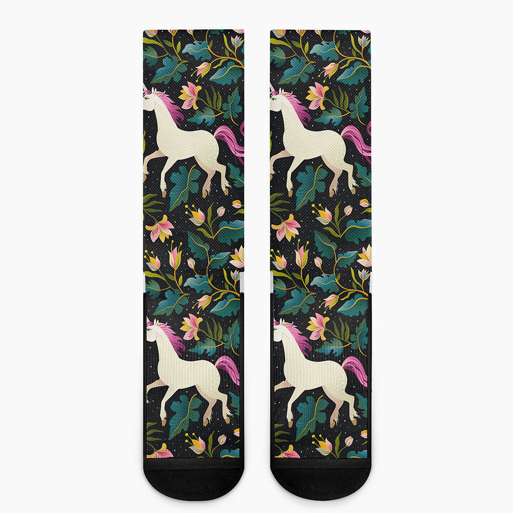 Night Floral Unicorn Pattern Print Crew Socks