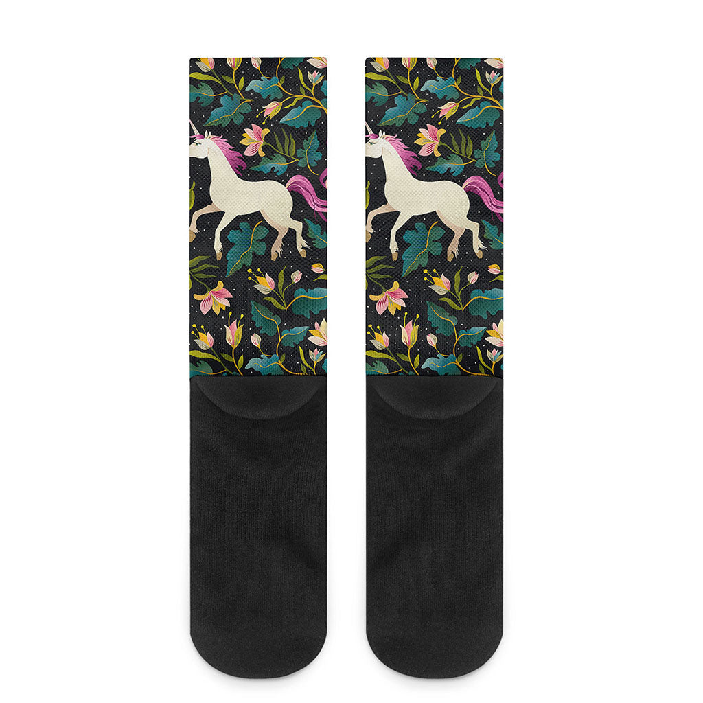 Night Floral Unicorn Pattern Print Crew Socks