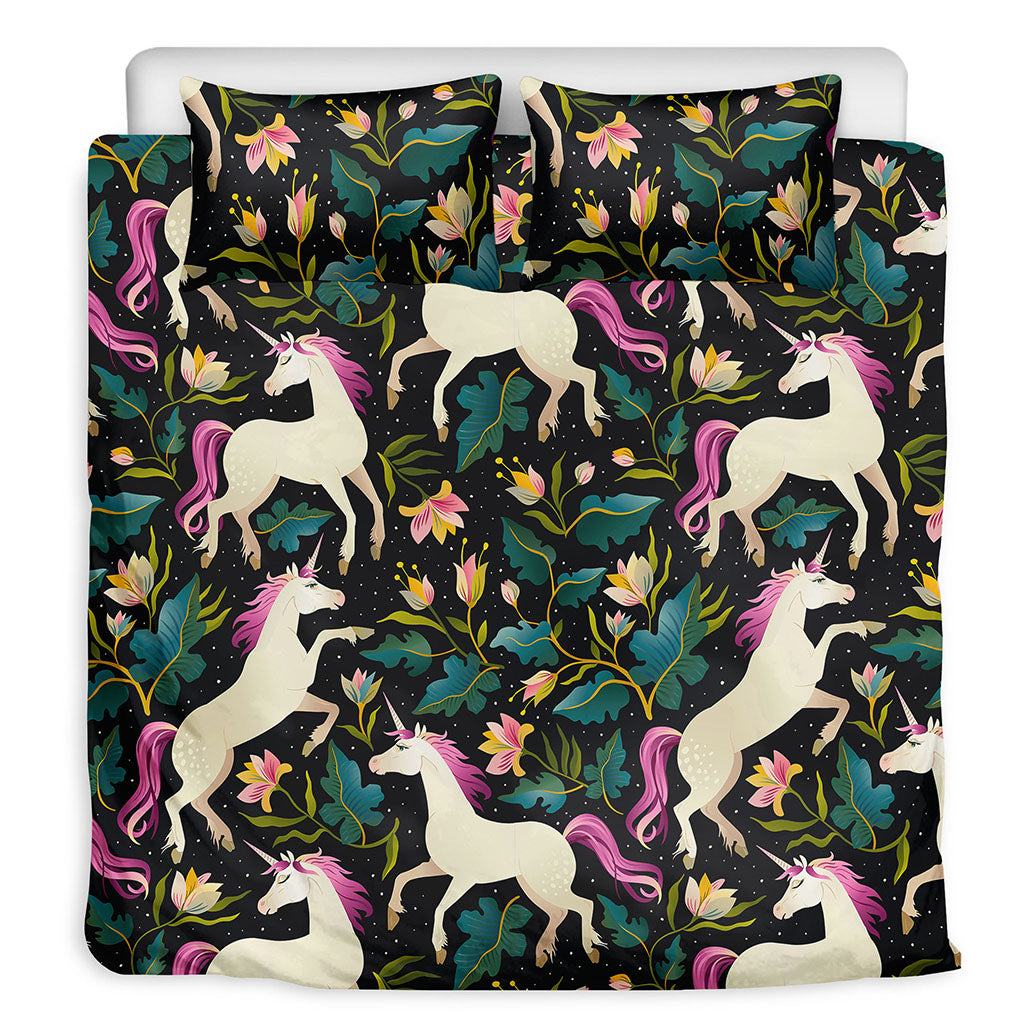 Night Floral Unicorn Pattern Print Duvet Cover Bedding Set