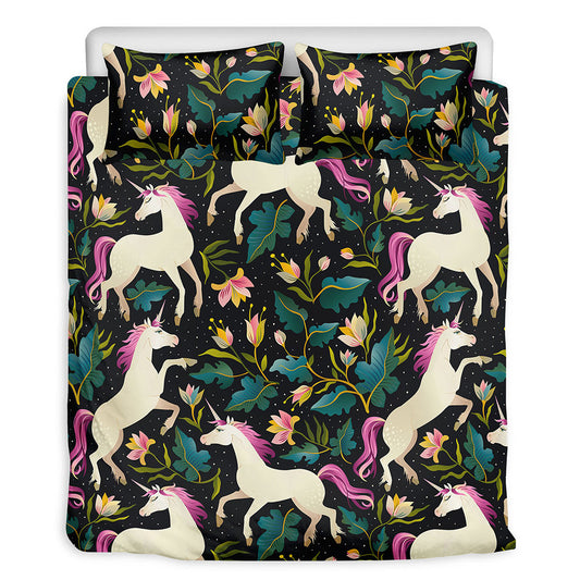 Night Floral Unicorn Pattern Print Duvet Cover Bedding Set