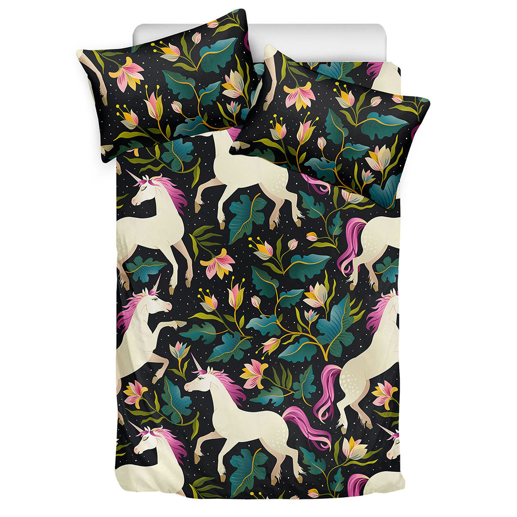 Night Floral Unicorn Pattern Print Duvet Cover Bedding Set