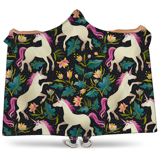 Night Floral Unicorn Pattern Print Hooded Blanket