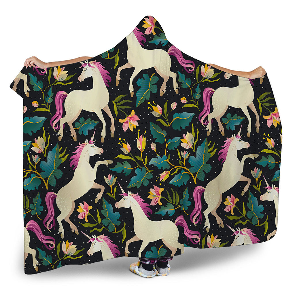 Night Floral Unicorn Pattern Print Hooded Blanket